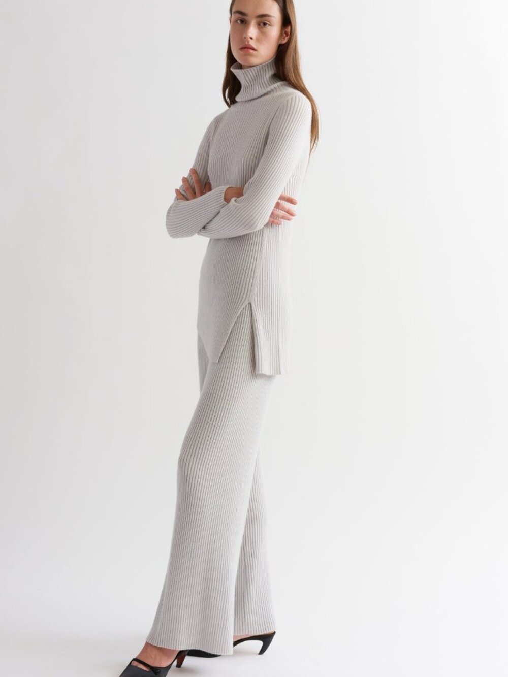 $495 TSE Cream Poorboy Rib 100% Cashmere Turtleneck With Side Slit Size XS